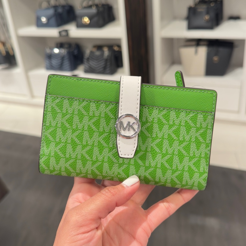 Michael Kors Green and White Wallet with Monogram Pattern and Silver Clasp